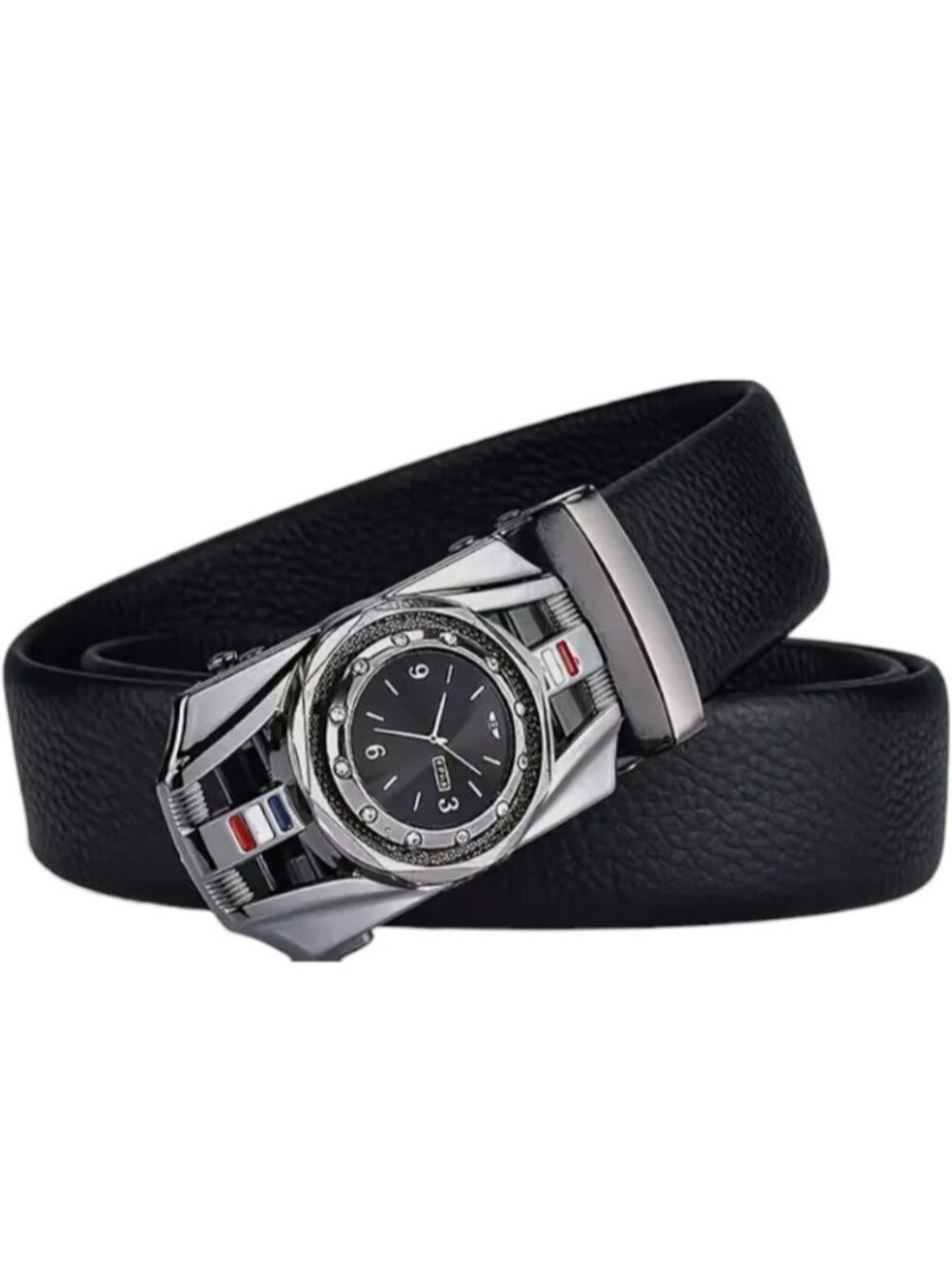 Elegant Fashion Men Belt  Dark Silver Buckle PU Leather Black Length 49 in - Picture 2 of 4